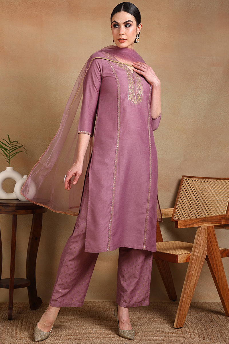 Lilac Silk Blend Embroidered Festive wear Suit Set PKSKD1879