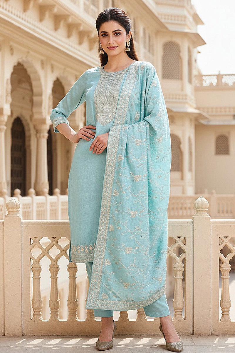 Blue Silk Blend Straight Kurta Pant With Dupatta PKSKD1888