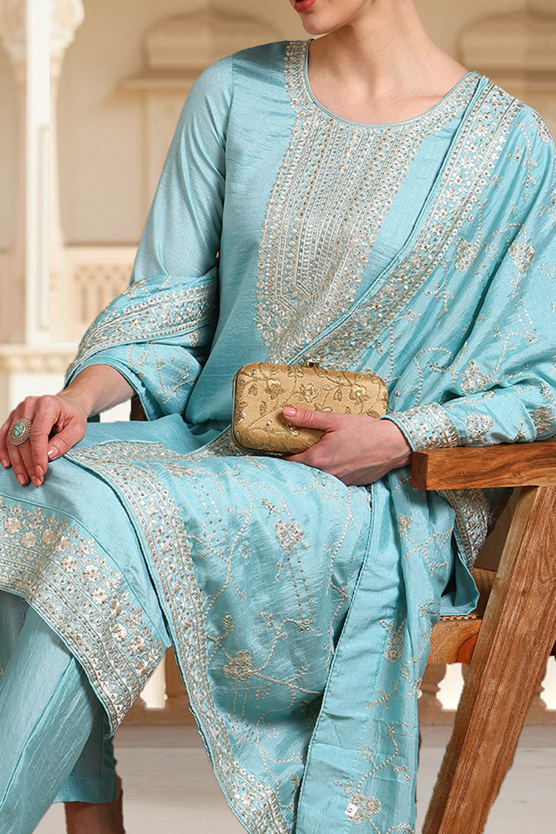 Blue Silk Blend Straight Kurta Pant With Dupatta PKSKD1888