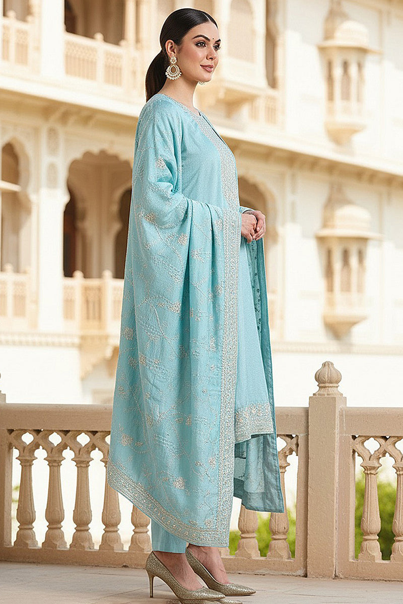 Blue Silk Blend Straight Kurta Pant With Dupatta PKSKD1888