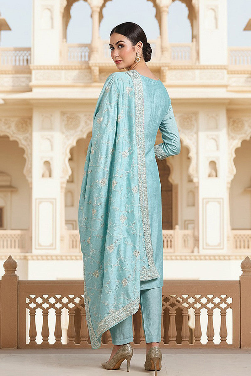 Blue Silk Blend Straight Kurta Pant With Dupatta PKSKD1888