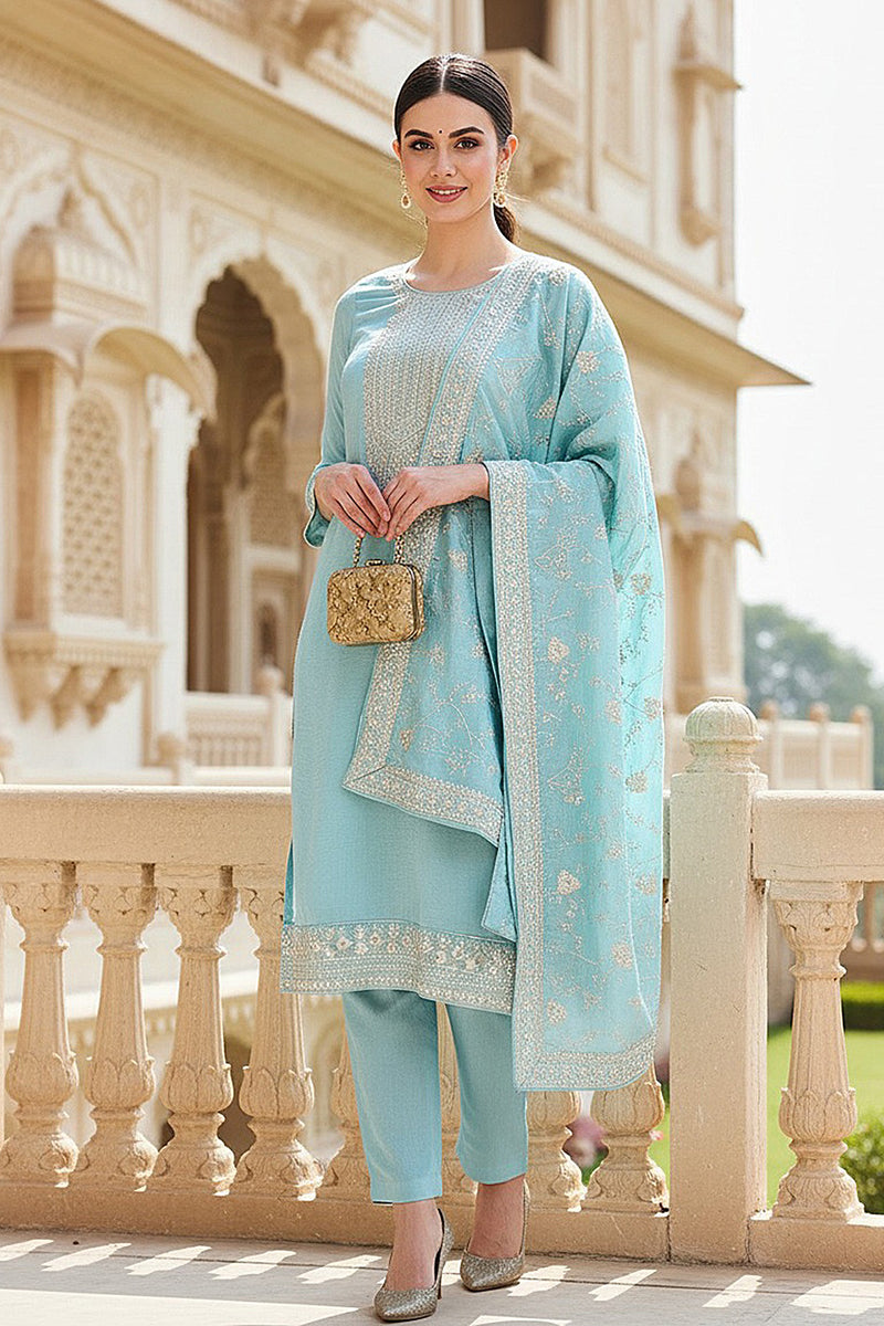 Blue Silk Blend Straight Kurta Pant With Dupatta PKSKD1888