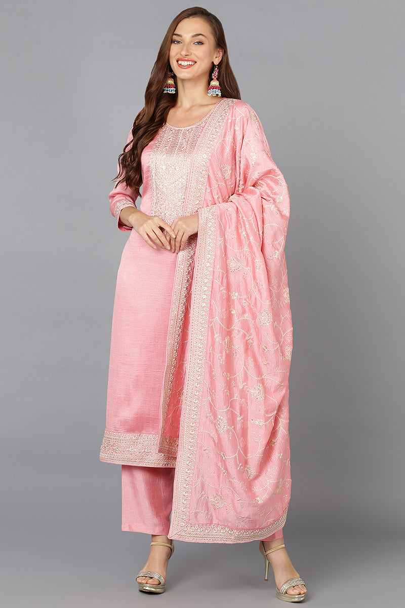 Pink Silk Blend Ethnic Motifs Straight Suit Set PKSKD1895