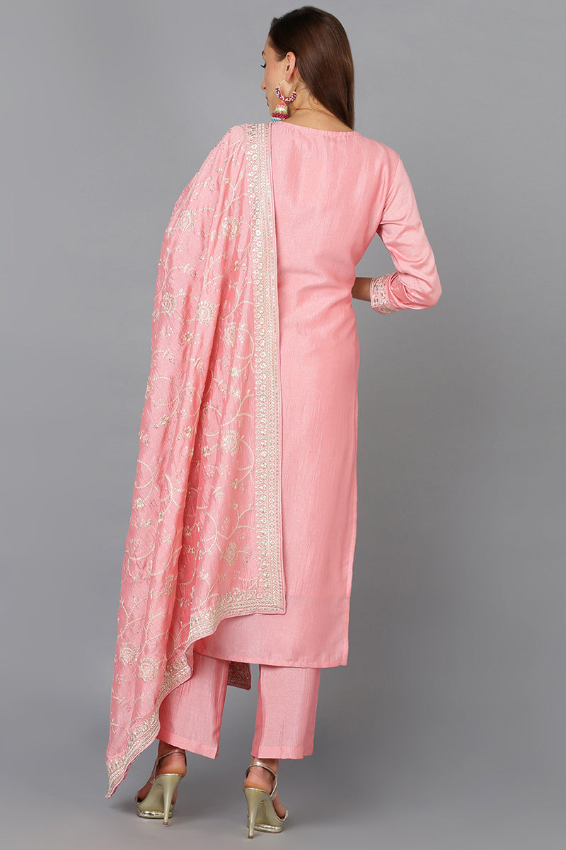 Pink Silk Blend Ethnic Motifs Straight Suit Set PKSKD1895