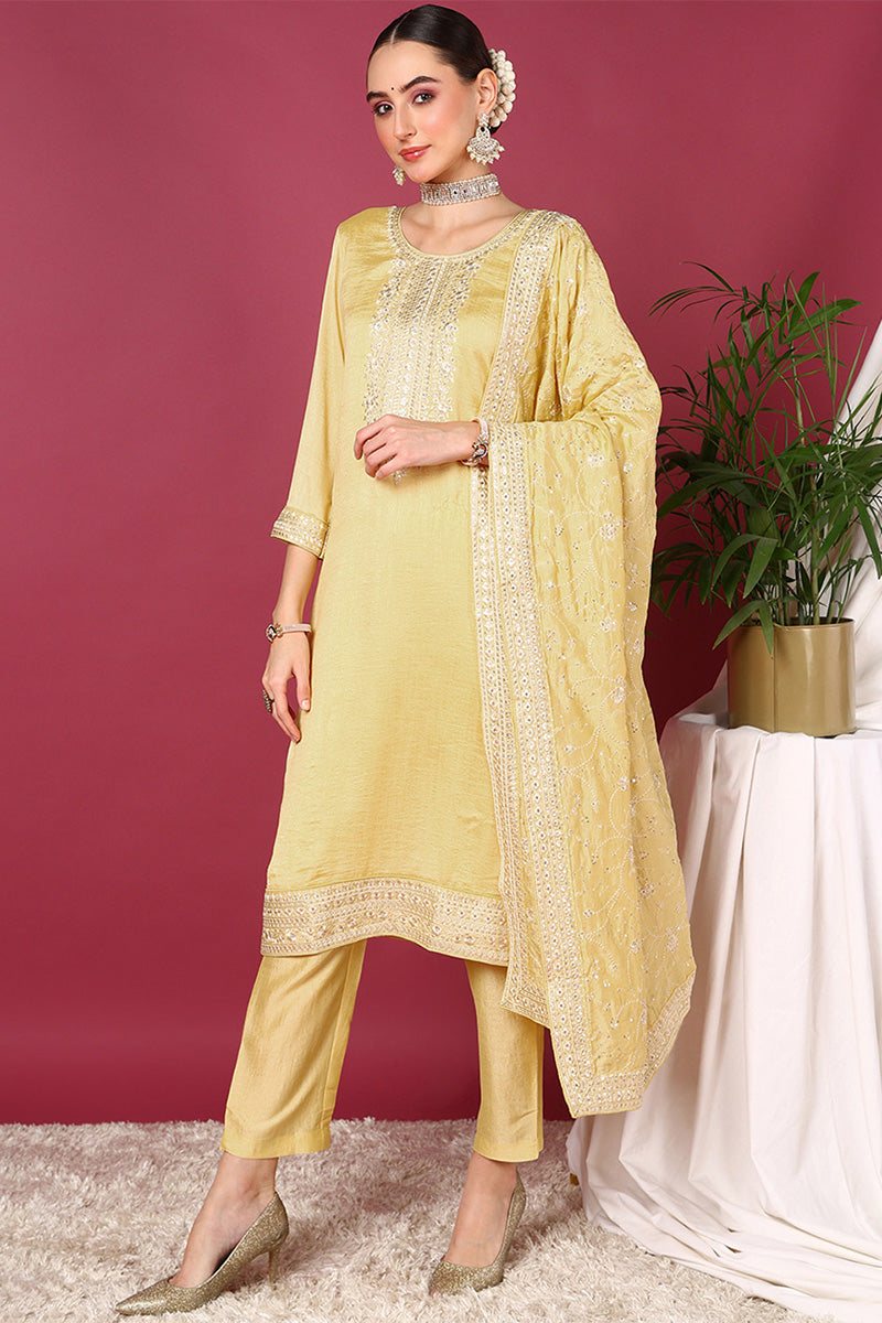 Yellow Silk Blend Straight Kurta Pant With Dupatta PKSKD1896