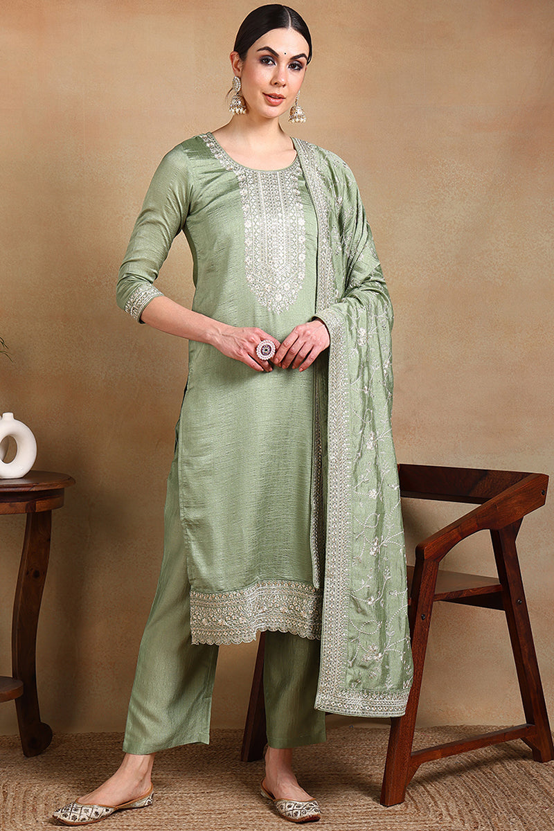 Green Silk Blend Ethnic Motifs Straight Suit Set PKSKD1897