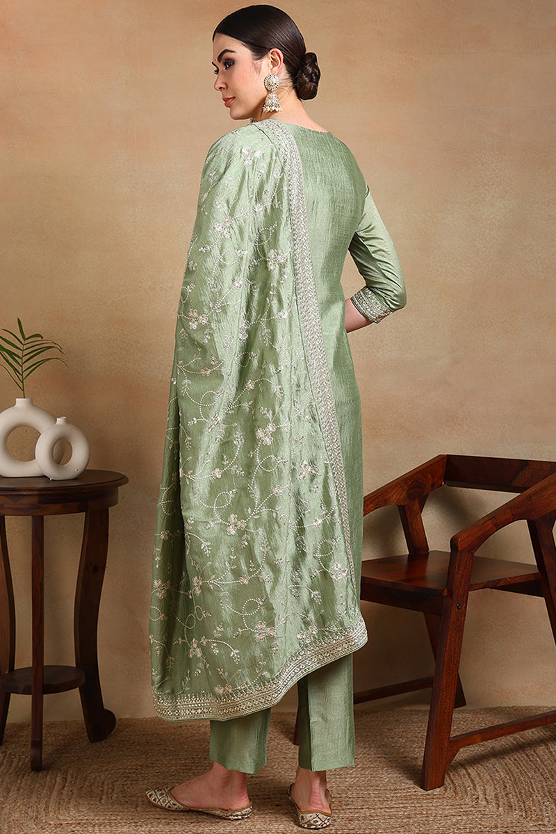 Green Silk Blend Ethnic Motifs Straight Suit Set PKSKD1897
