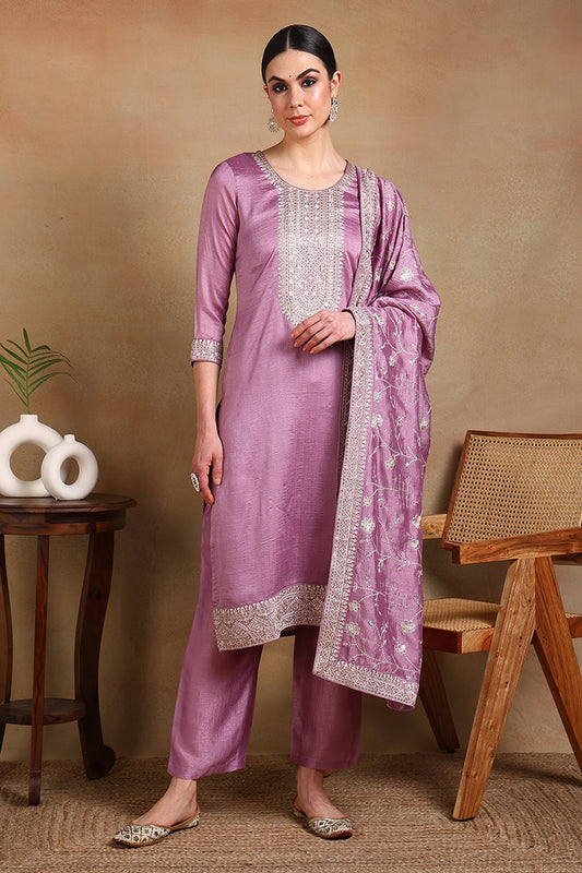 Lavender Silk Blend Straight Kurta Pant With Dupatta PKSKD1898