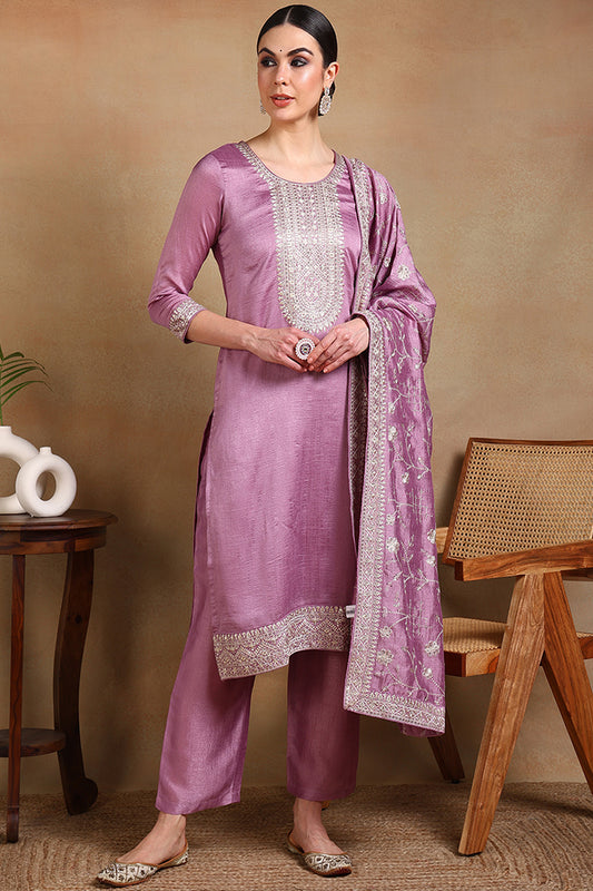 Lavender Silk Blend Straight Kurta Pant With Dupatta PKSKD1898