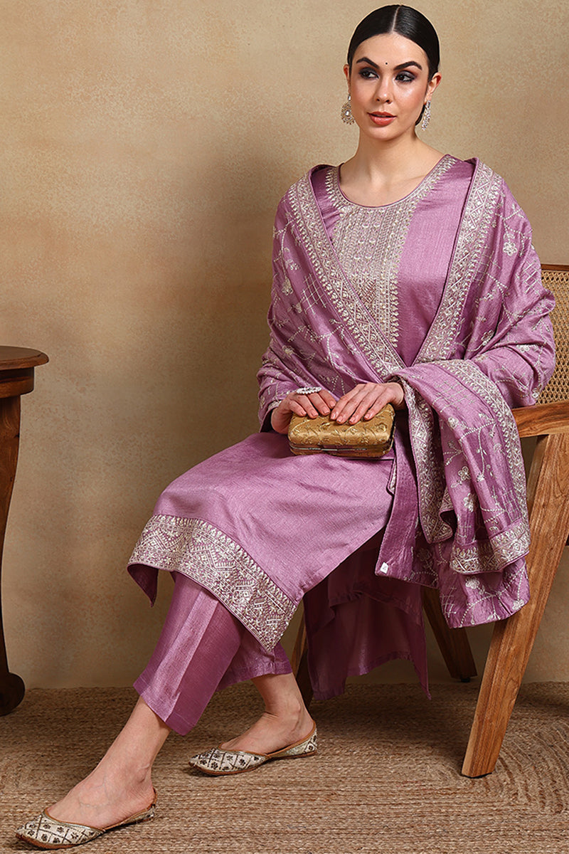 Lavender Silk Blend Straight Kurta Pant With Dupatta PKSKD1898