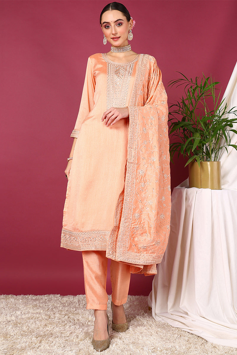 Peach Silk Blend Straight Kurta Pant With Dupatta PKSKD1899