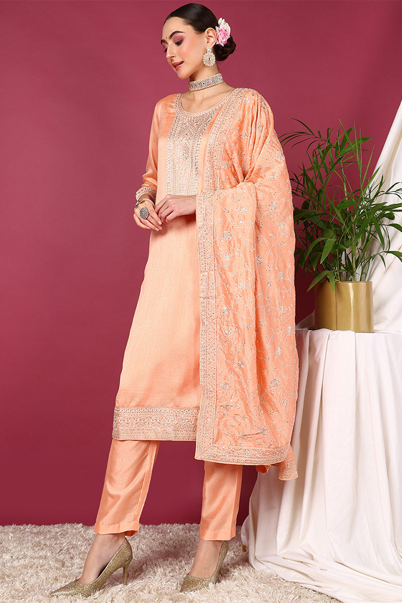 Peach Silk Blend Straight Kurta Pant With Dupatta PKSKD1899