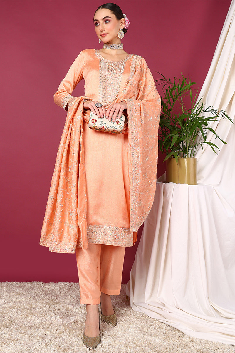 Peach Silk Blend Straight Kurta Pant With Dupatta PKSKD1899