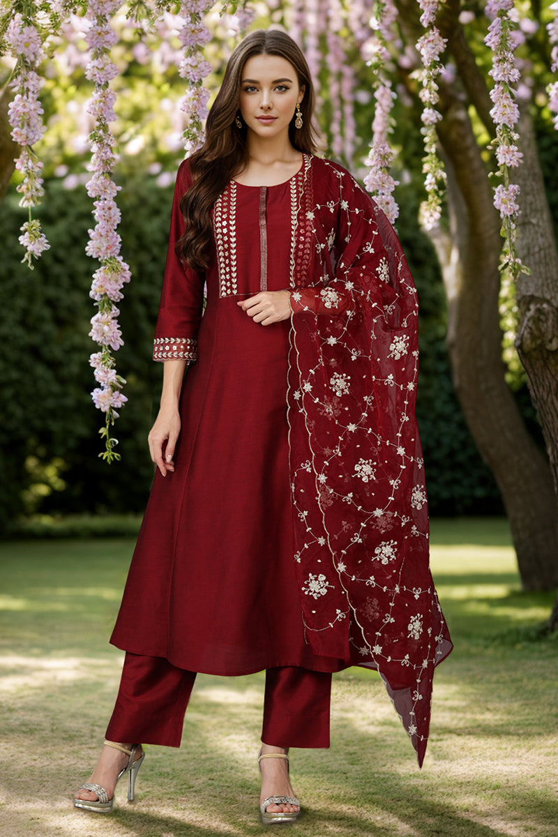 Maroon Silk Blend Straight Kurta Pant With Dupatta PKSKD1902