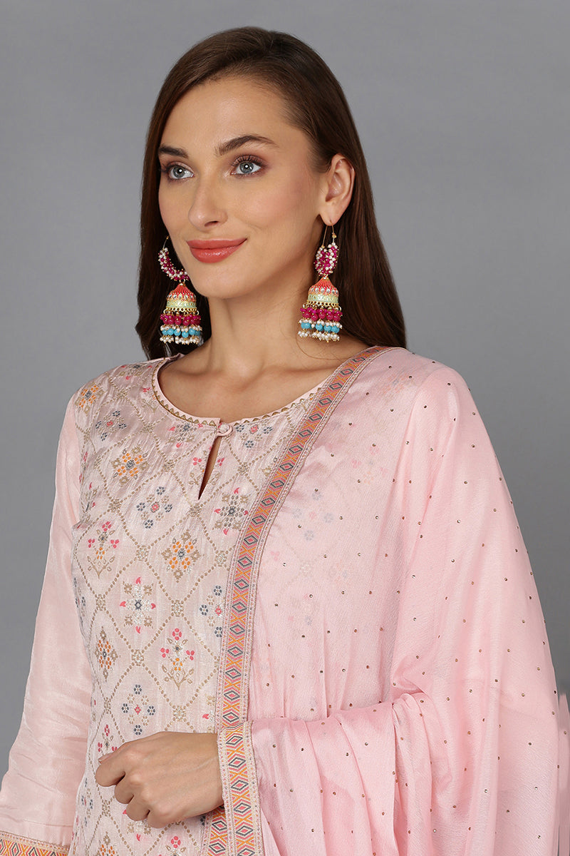 Pink Silk Blend Ethnic Motifs Straight Suit Set PKSKD1908