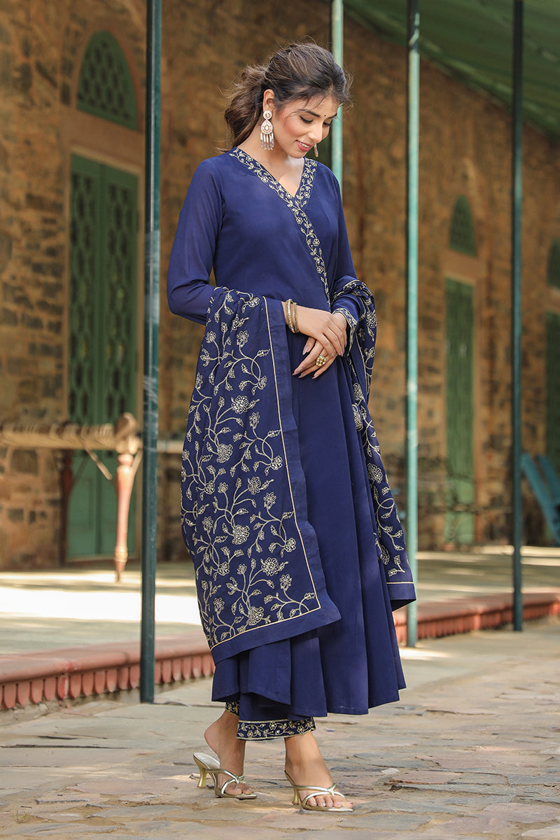 Prussian Blue Poly Georgette Angrakha Pant With Dupatta PKSKD1910