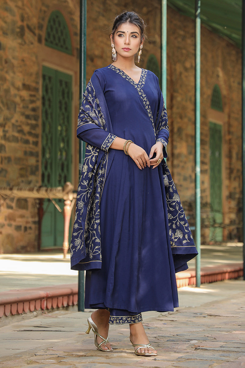 Prussian Blue Poly Georgette Angrakha Pant With Dupatta PKSKD1910