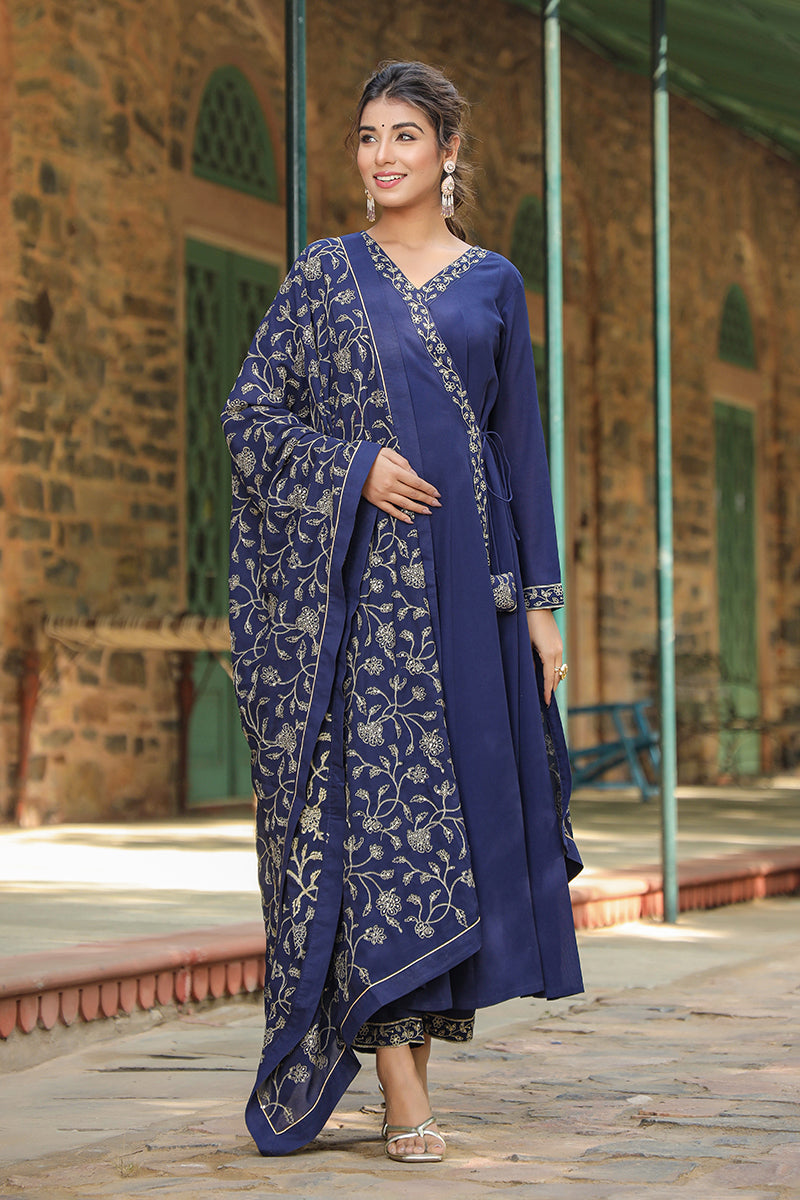 Prussian Blue Poly Georgette Angrakha Pant With Dupatta PKSKD1910