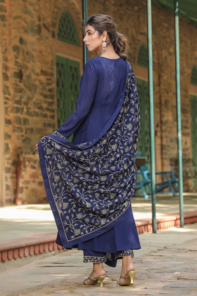 Prussian Blue Poly Georgette Angrakha Pant With Dupatta PKSKD1910