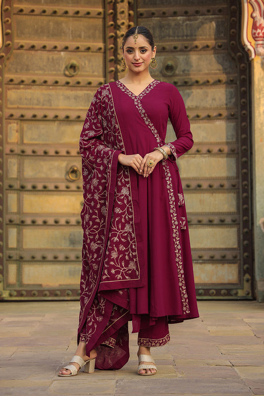 Fuschia Poly Georgette Angrakha Pant With Dupatta PKSKD1911