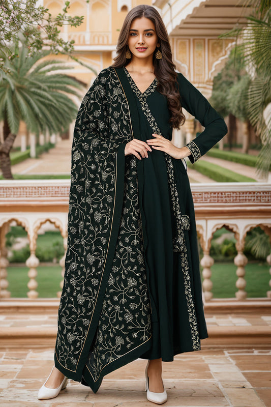 Dark Green Poly Georgette Angrakha Pant With Dupatta PKSKD1912