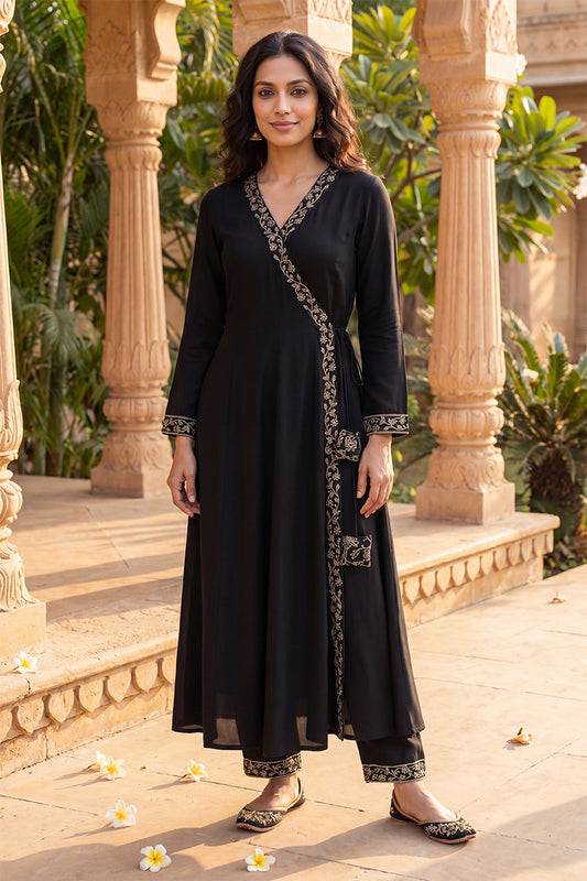 Black Poly Georgette Angrakha Pant With Dupatta PKSKD1913