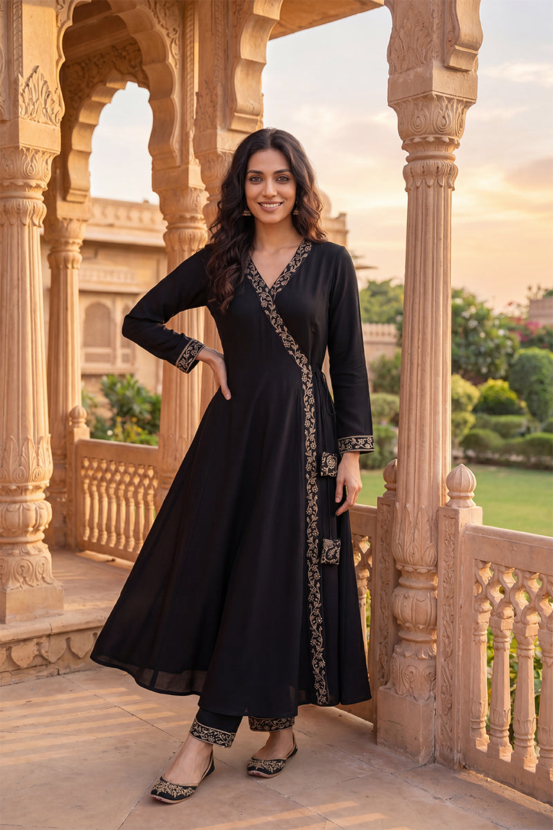 Black Poly Georgette Angrakha Pant With Dupatta PKSKD1913