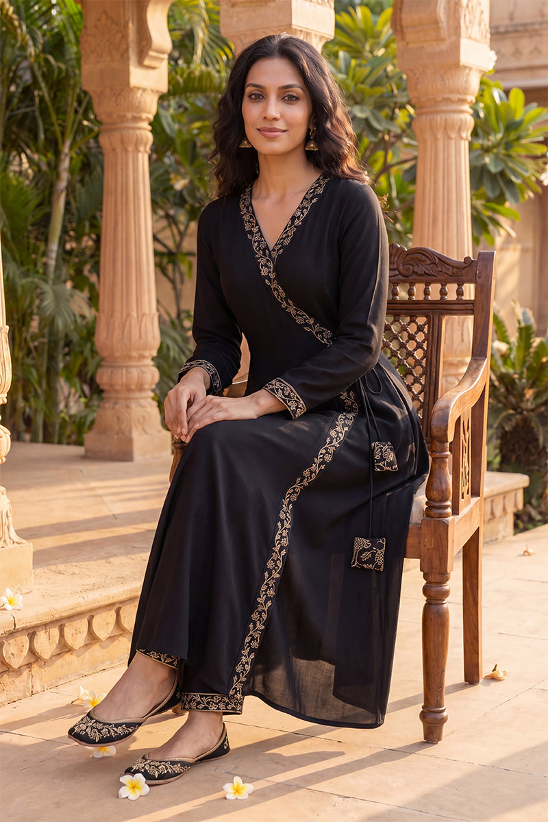 Black Poly Georgette Angrakha Pant With Dupatta PKSKD1913