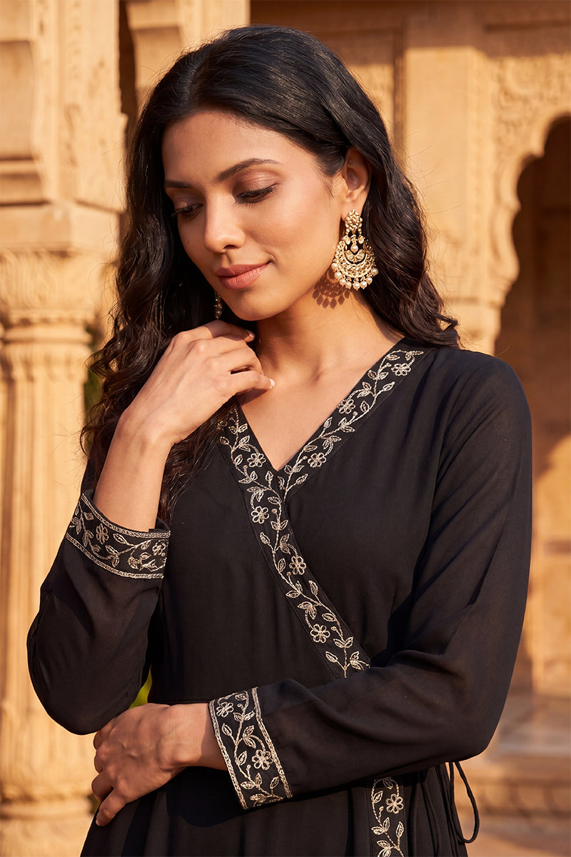 Black Poly Georgette Angrakha Pant With Dupatta PKSKD1913