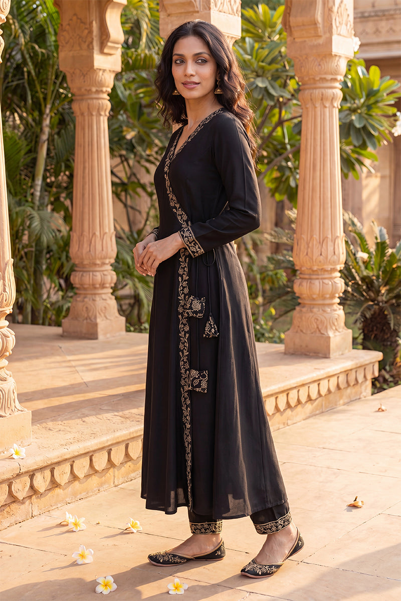 Black Poly Georgette Angrakha Pant With Dupatta PKSKD1913