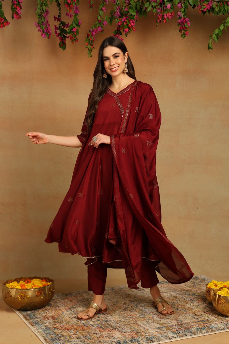 Maroon Silk Blend Anarkali Woven Design Kurta Pant With Dupatta PKSKD1915