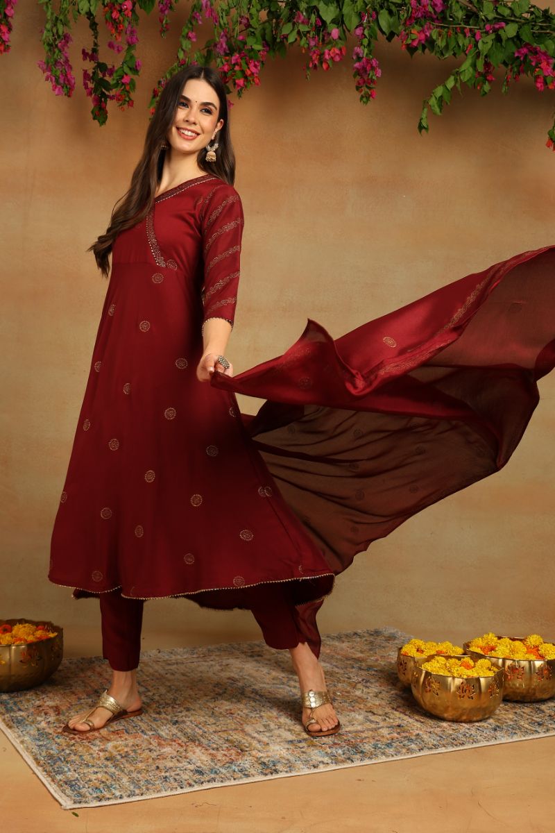 Maroon Silk Blend Anarkali Woven Design Kurta Pant With Dupatta PKSKD1915