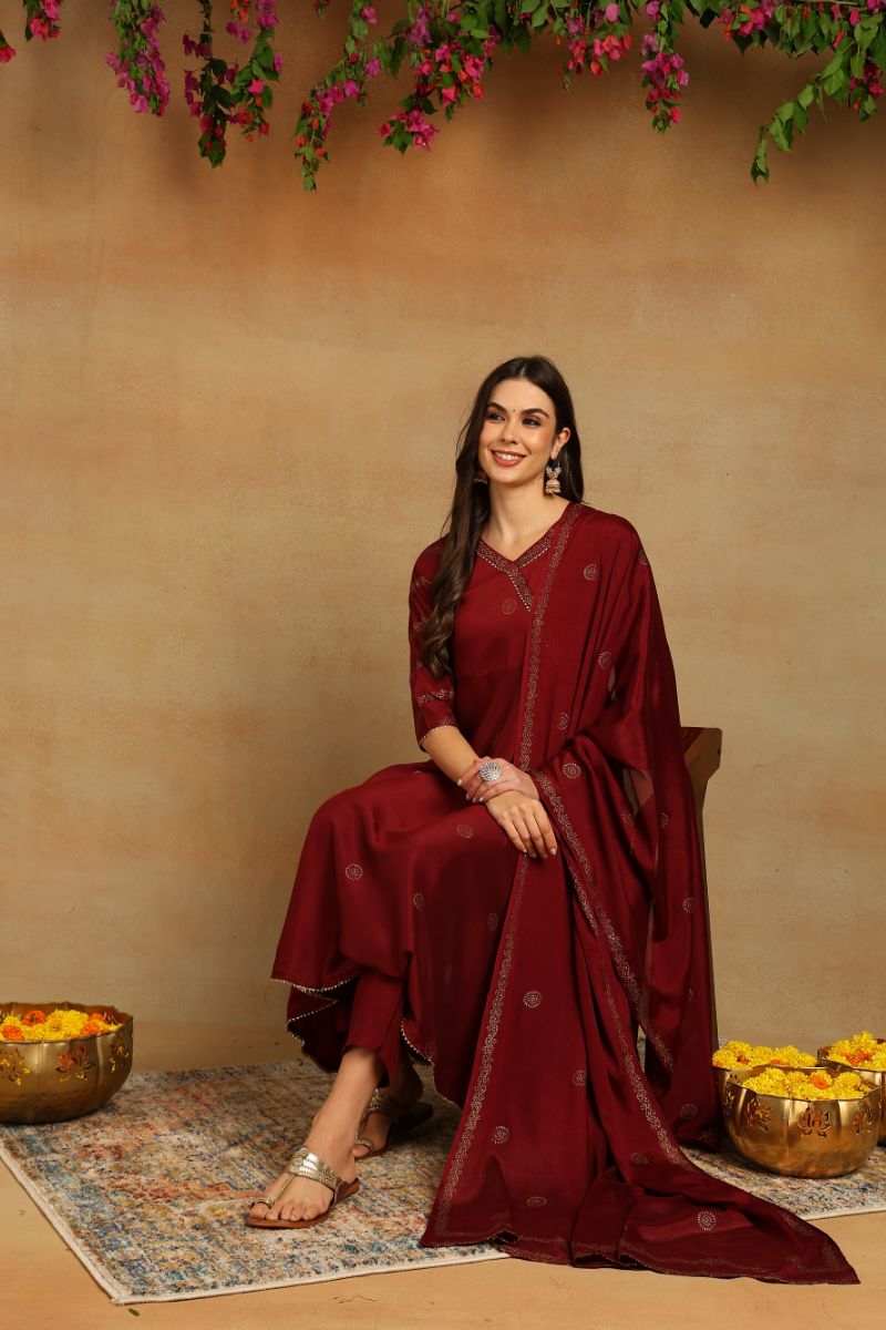 Maroon Silk Blend Anarkali Woven Design Kurta Pant With Dupatta PKSKD1915