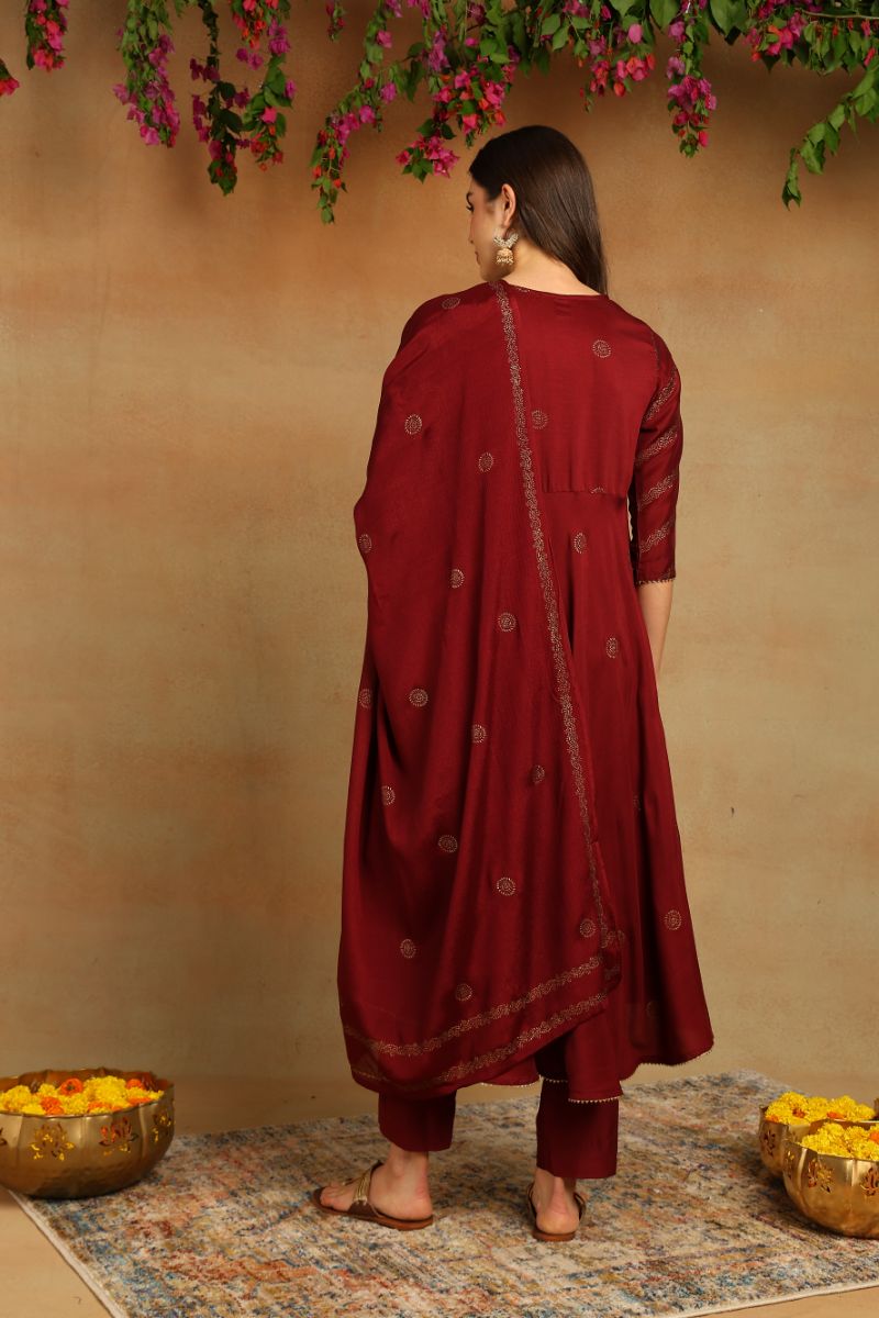 Maroon Silk Blend Anarkali Woven Design Kurta Pant With Dupatta PKSKD1915