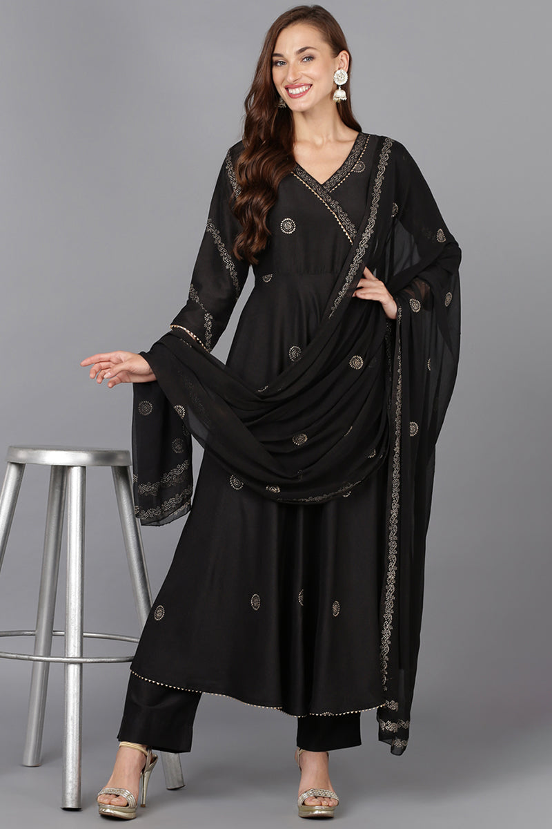Black Silk Blend Ethnic Motifs Straight Suit Set PKSKD1916