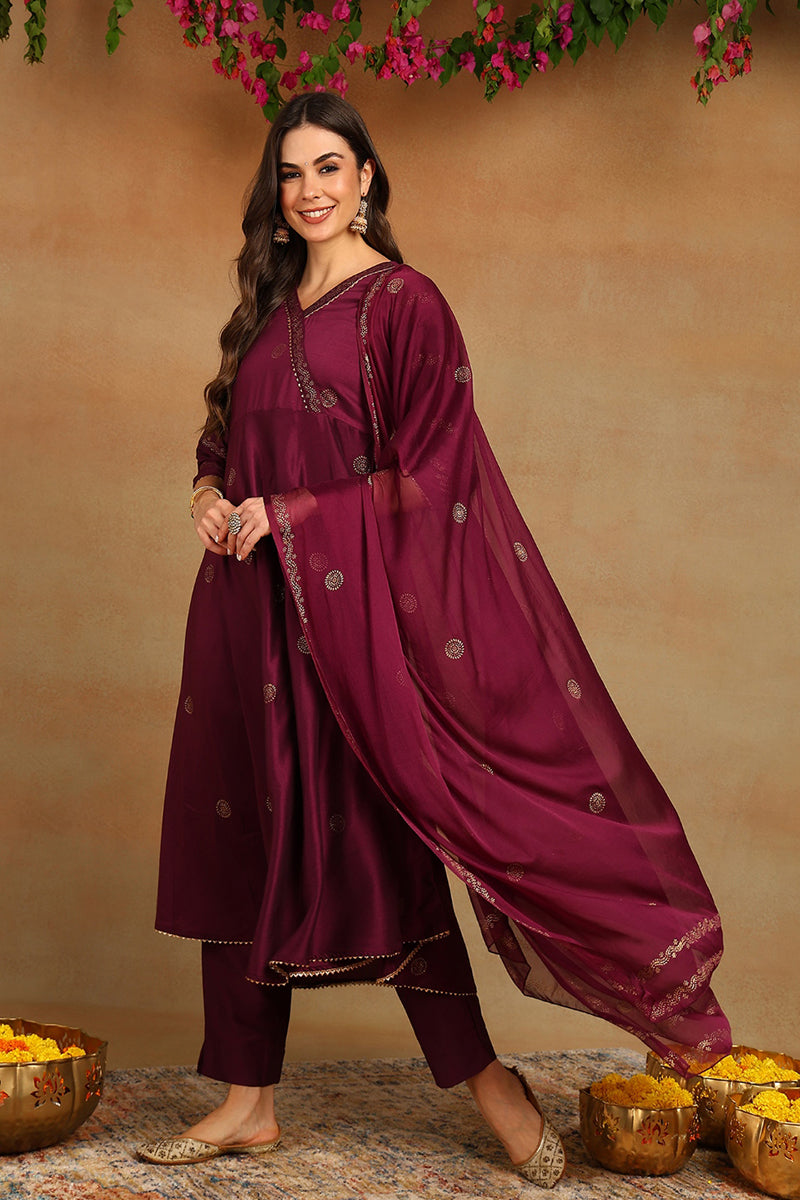 Burgundy Silk Blend Anarkali Woven Design Kurta Pant With Dupatta PKSKD1918