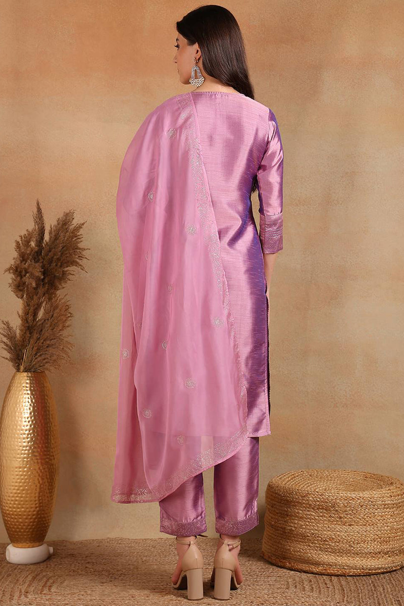 Lavender Silk Blend Straight Kurta Pant With Dupatta PKSKD1920