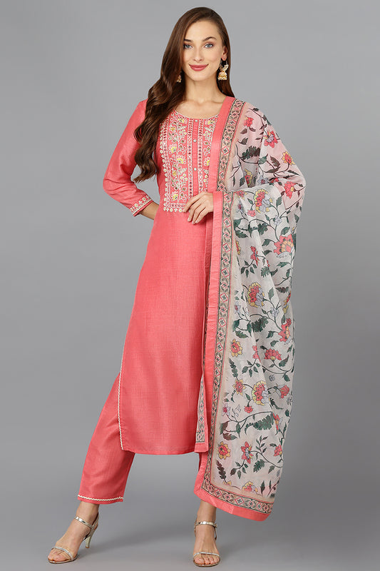 Coral Pink Silk Blend Straight Kurta Pant With Dupatta PKSKD1922