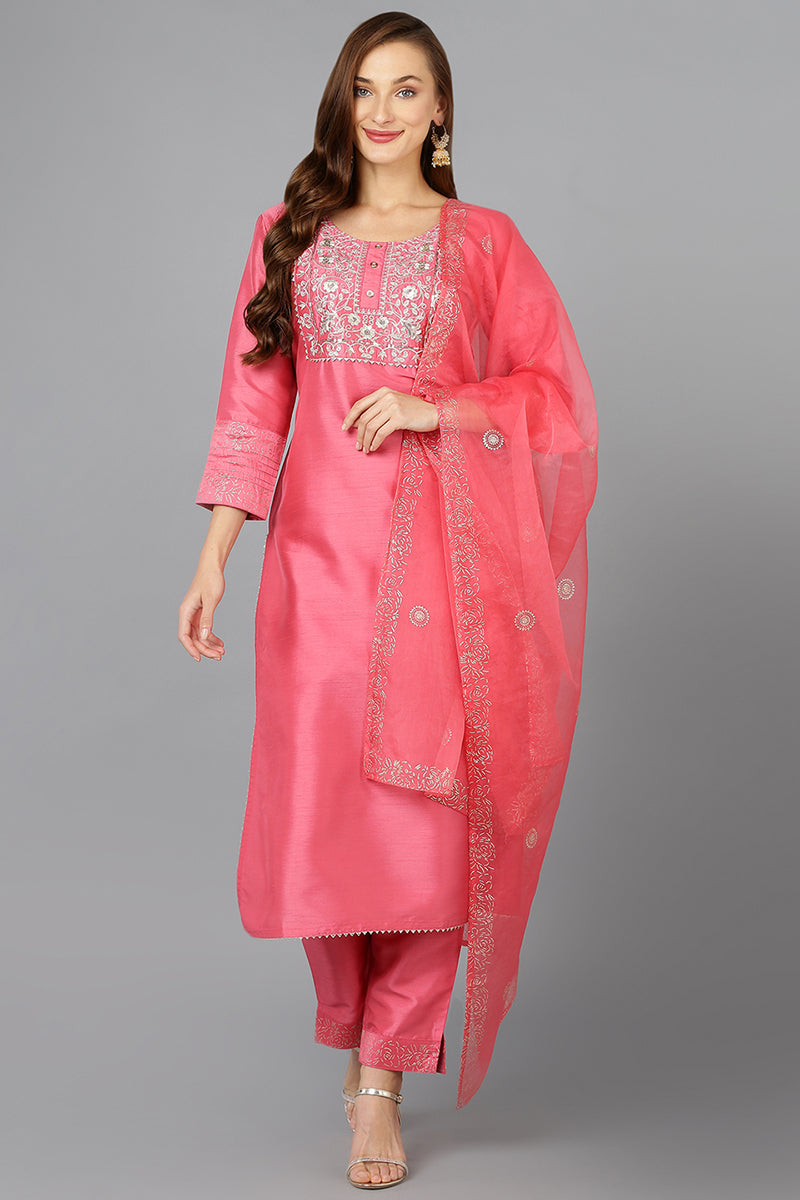 Pink Silk Blend Straight Kurta Pant With Dupatta PKSKD1923