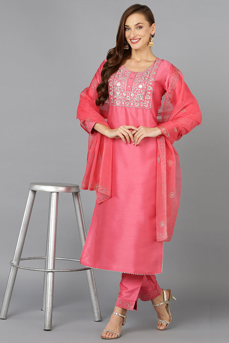 Pink Silk Blend Straight Kurta Pant With Dupatta PKSKD1923