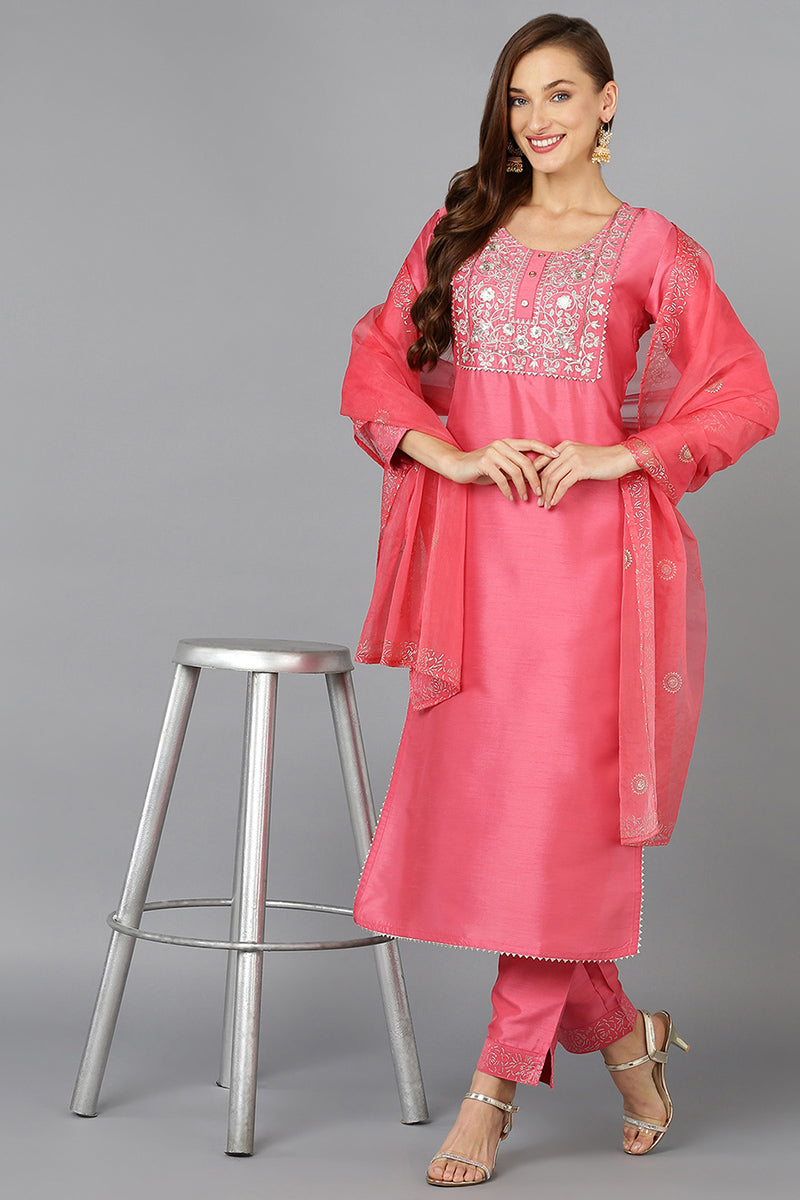 Pink Silk Blend Straight Kurta Pant With Dupatta PKSKD1923