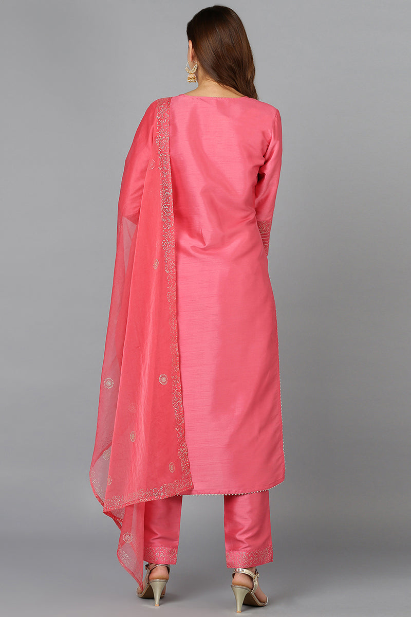 Pink Silk Blend Straight Kurta Pant With Dupatta PKSKD1923