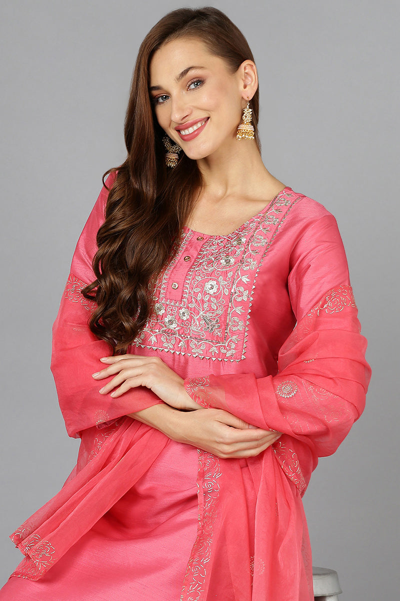 Pink Silk Blend Straight Kurta Pant With Dupatta PKSKD1923