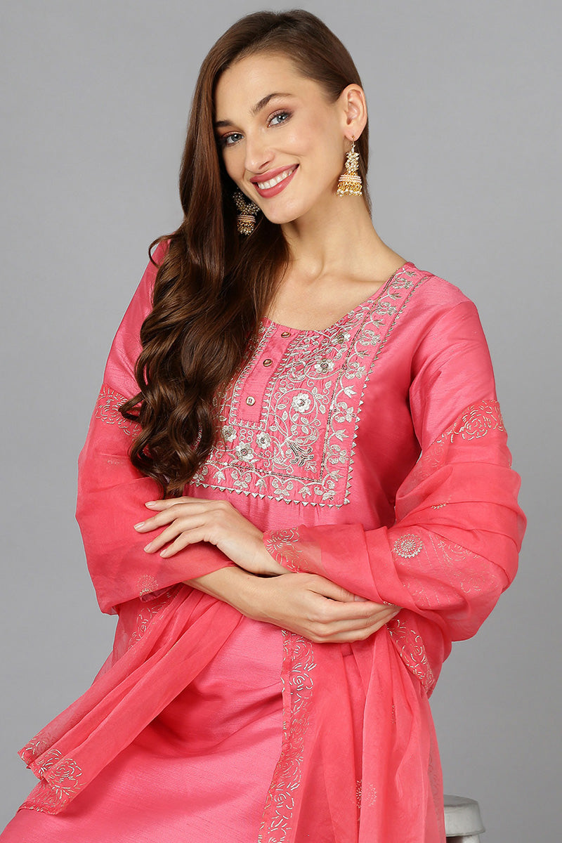 Pink Silk Blend Straight Kurta Pant With Dupatta PKSKD1923