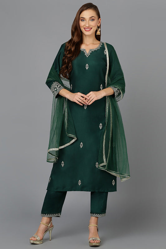 Bottle Green Straight Kurta Pant With Dupatta PKSKD1928