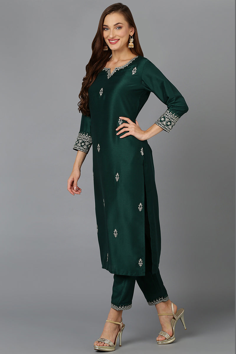 Bottle Green Straight Kurta Pant With Dupatta PKSKD1928