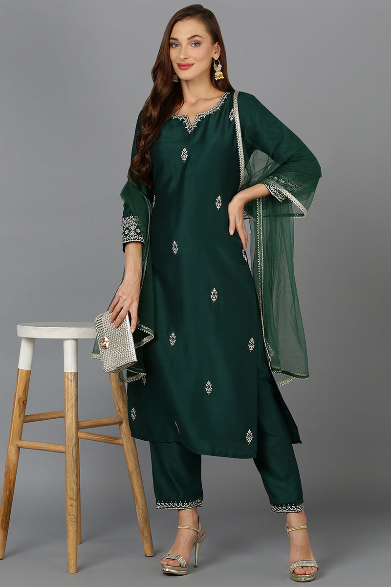 Bottle Green Straight Kurta Pant With Dupatta PKSKD1928