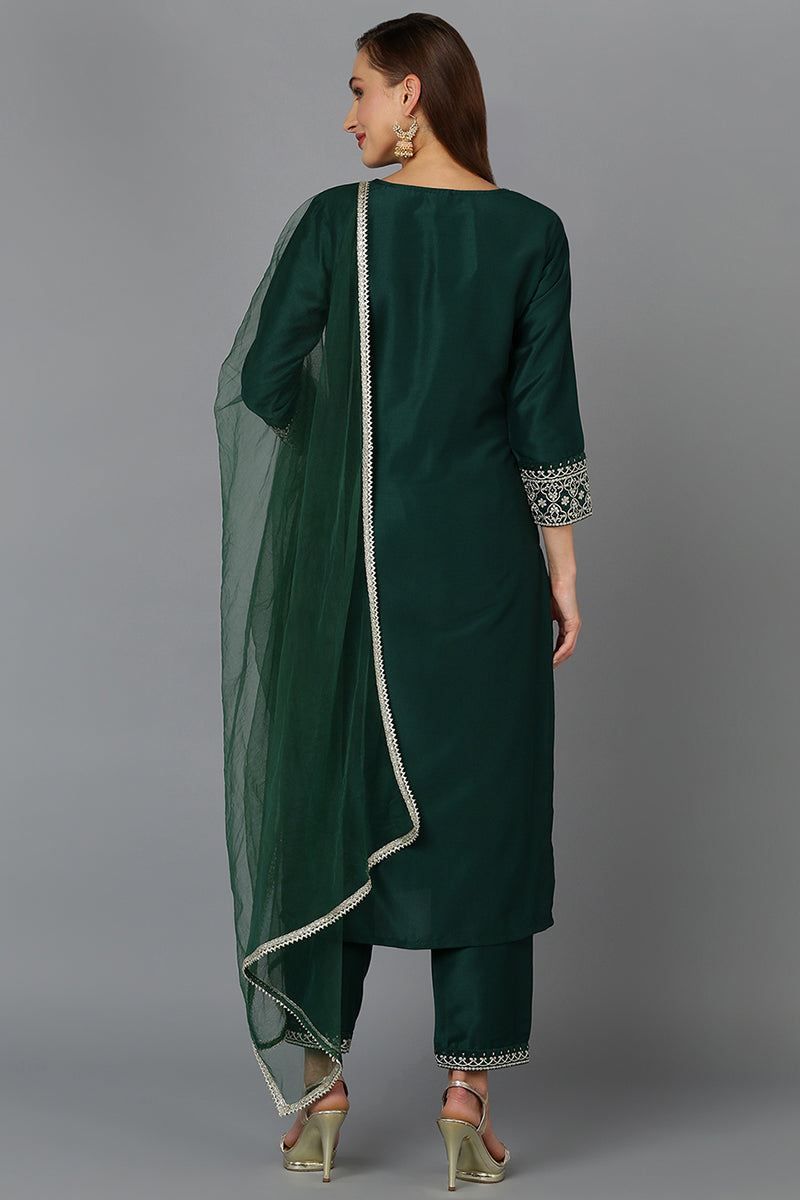 Bottle Green Straight Kurta Pant With Dupatta PKSKD1928