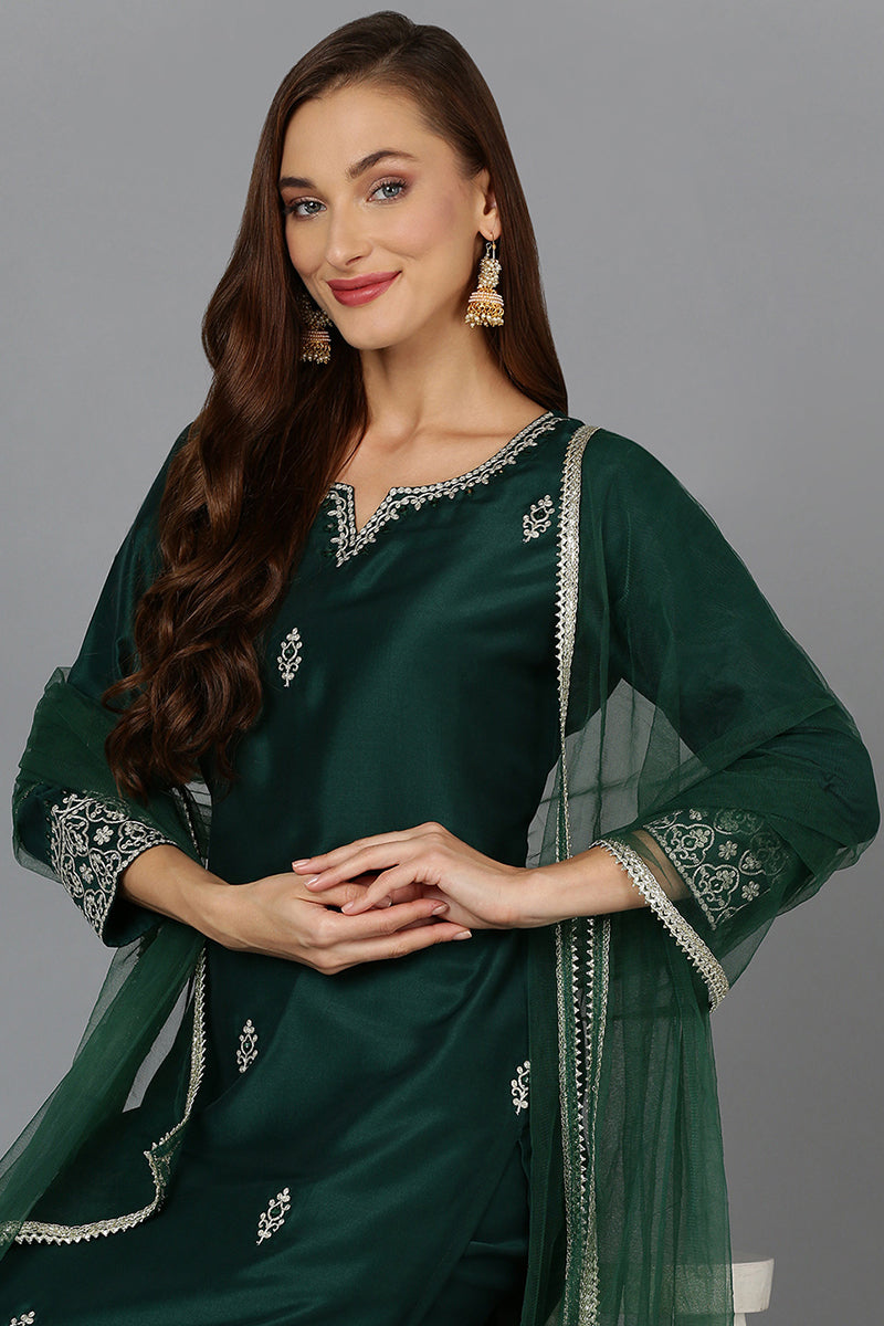 Bottle Green Straight Kurta Pant With Dupatta PKSKD1928