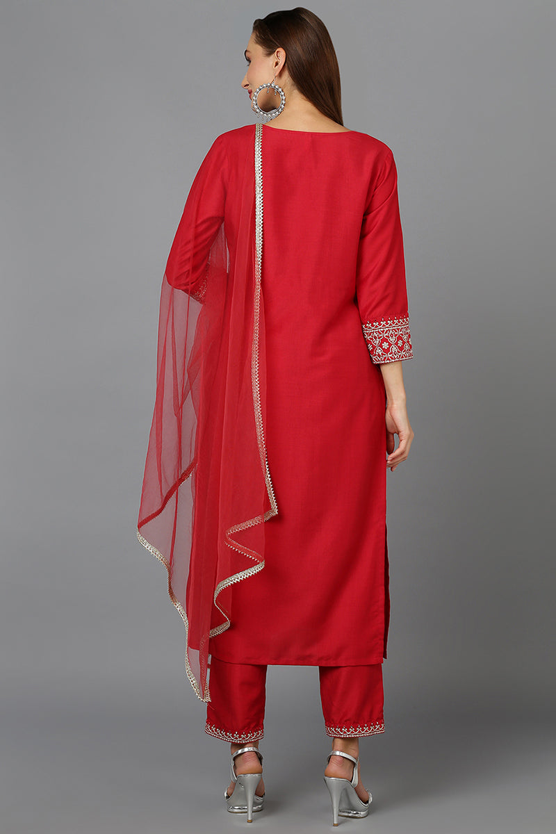 Red Silk Blend Straight Kurta Pant With Dupatta PKSKD1929